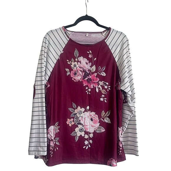 Tops - Plus Size Striped Long Sleeves Scoop Neck Color Block Floral T-Shirt Blouse 2XL